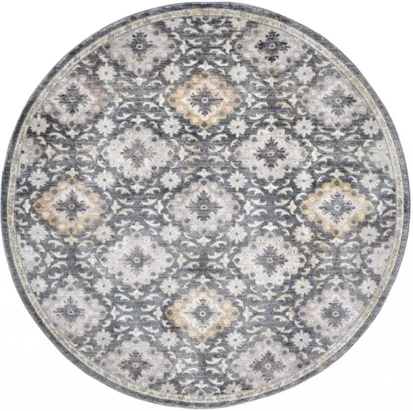 6' Round Floral Stain Resistant Area Rug - Blue And Gold