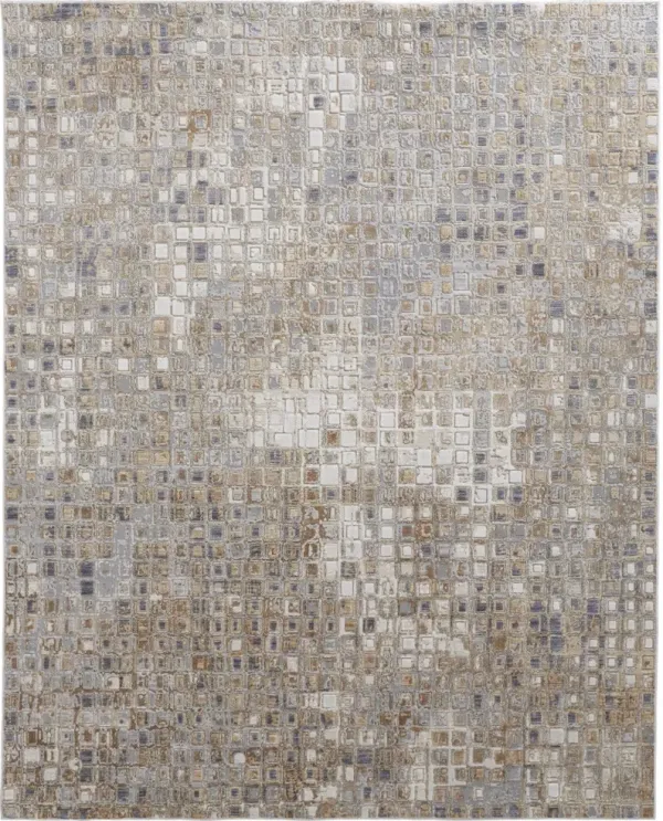 5' x 8' Geometric Power Loom Distressed Area Rug - Tan Ivory And Blue