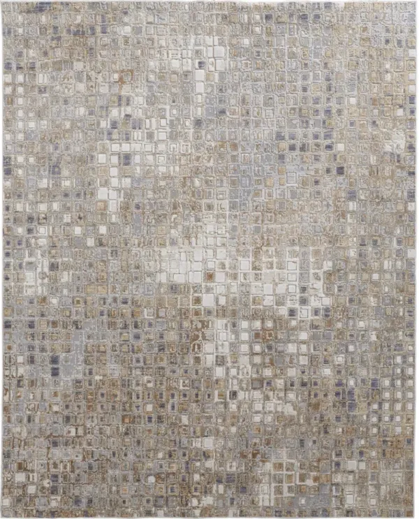 8' x 10' Geometric Power Loom Distressed Area Rug - Tan Ivory And Blue