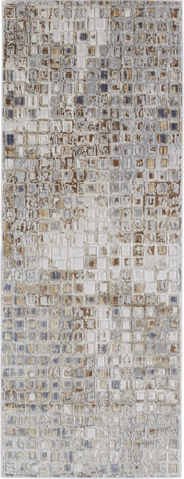 8' Geometric Power Loom Distressed Runner Rug - Tan Ivory And Blue