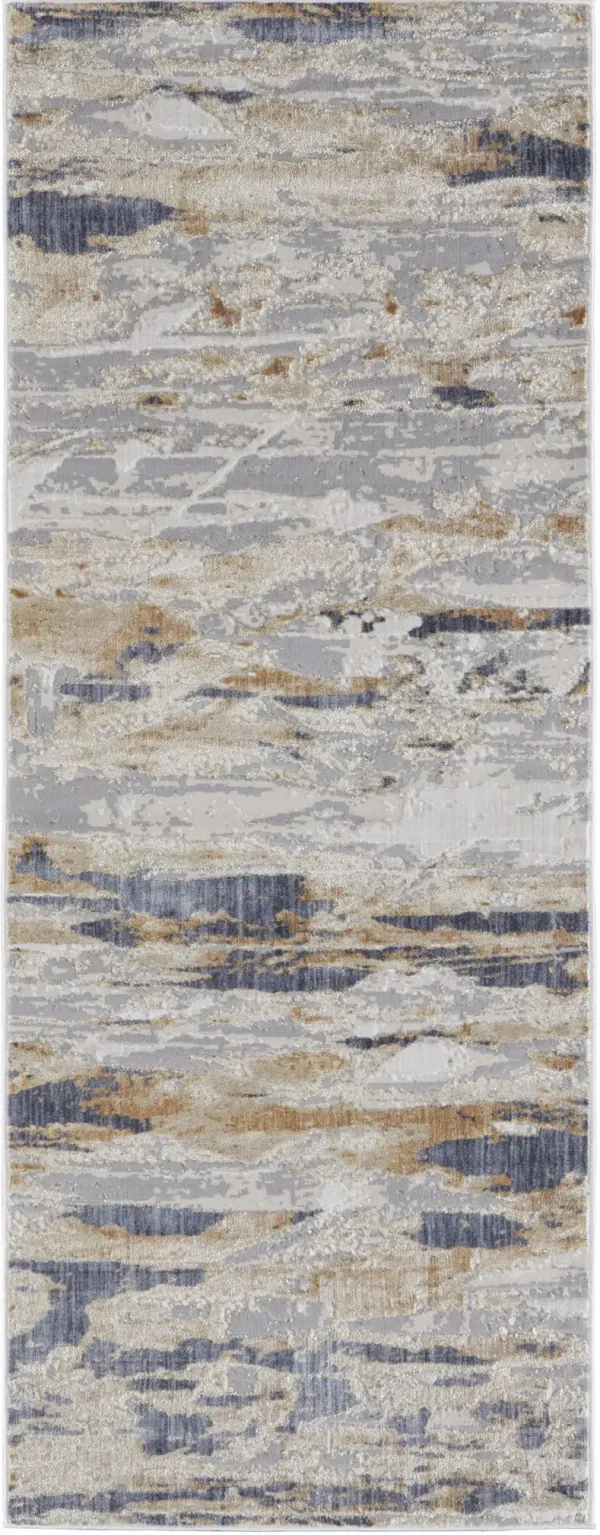 8' Abstract Power Loom Distressed Runner Rug - Tan Orange And Ivory