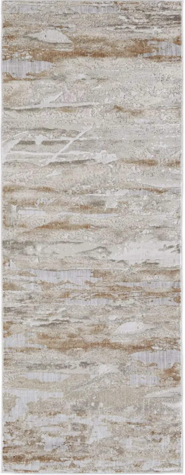 8' Abstract Power Loom Distressed Runner Rug - Tan And Ivory