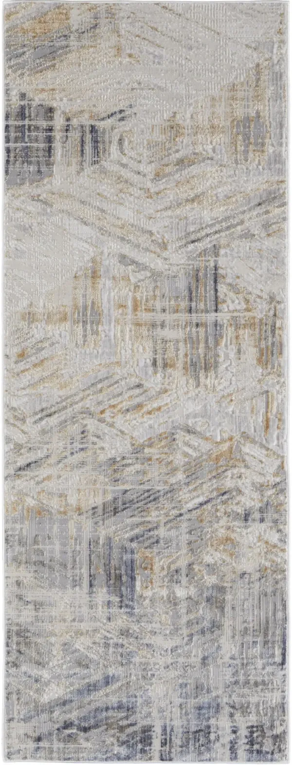 12' Abstract Power Loom Distressed Runner Rug - Tan Ivory And Gray