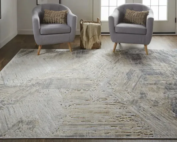 2' x 3' Abstract Power Loom Distressed Area Rug - Tan Ivory And Gray