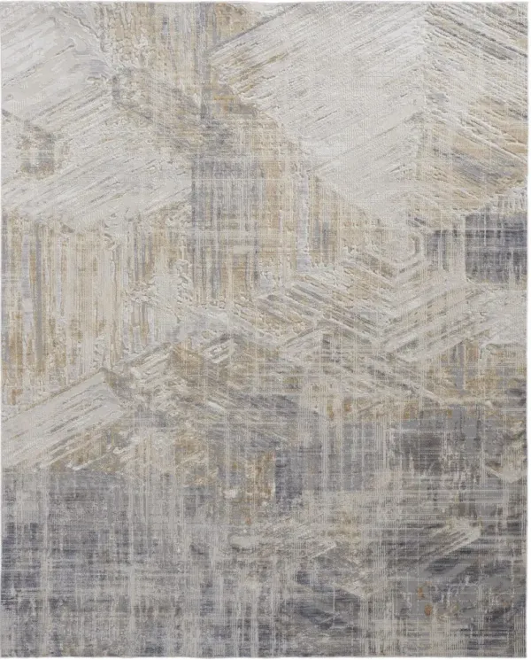 12' x 15' Abstract Power Loom Distressed Area Rug - Tan Ivory And Gray