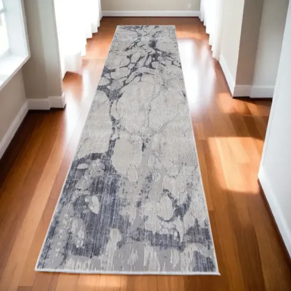 10' Abstract Power Loom Distressed Runner Rug - Ivory And Blue