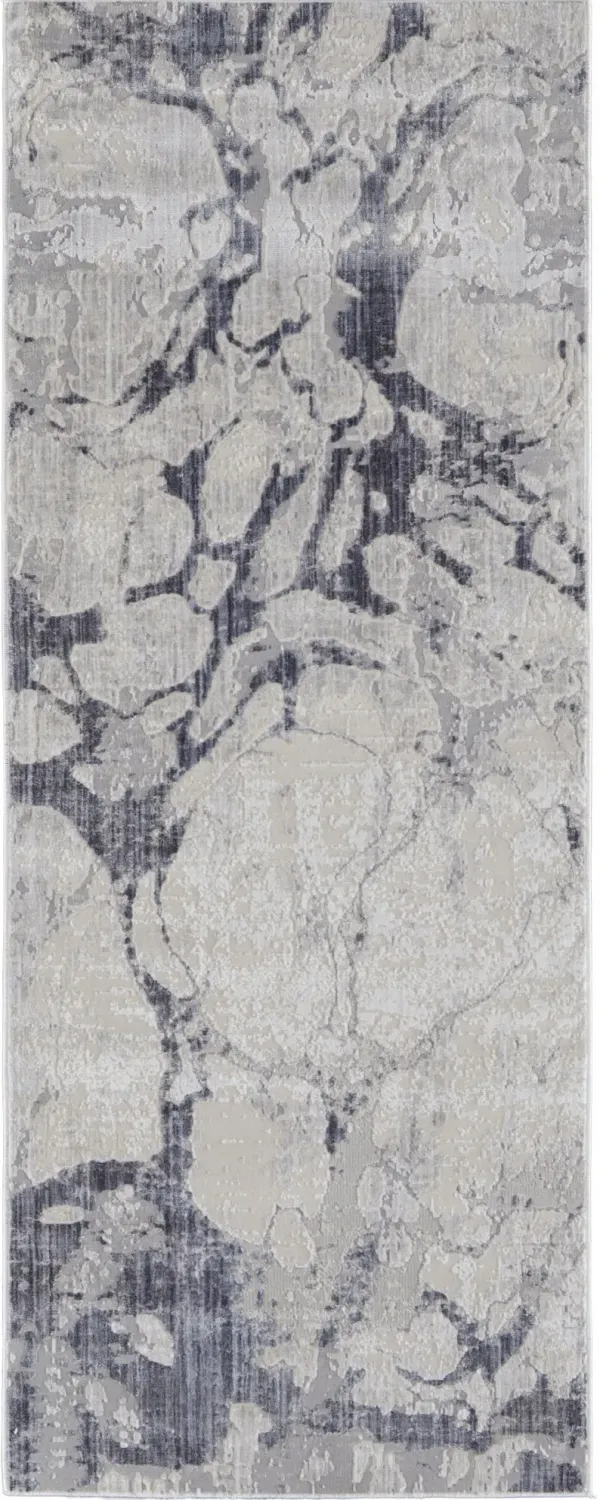 8' Abstract Power Loom Distressed Runner Rug - Ivory And Blue