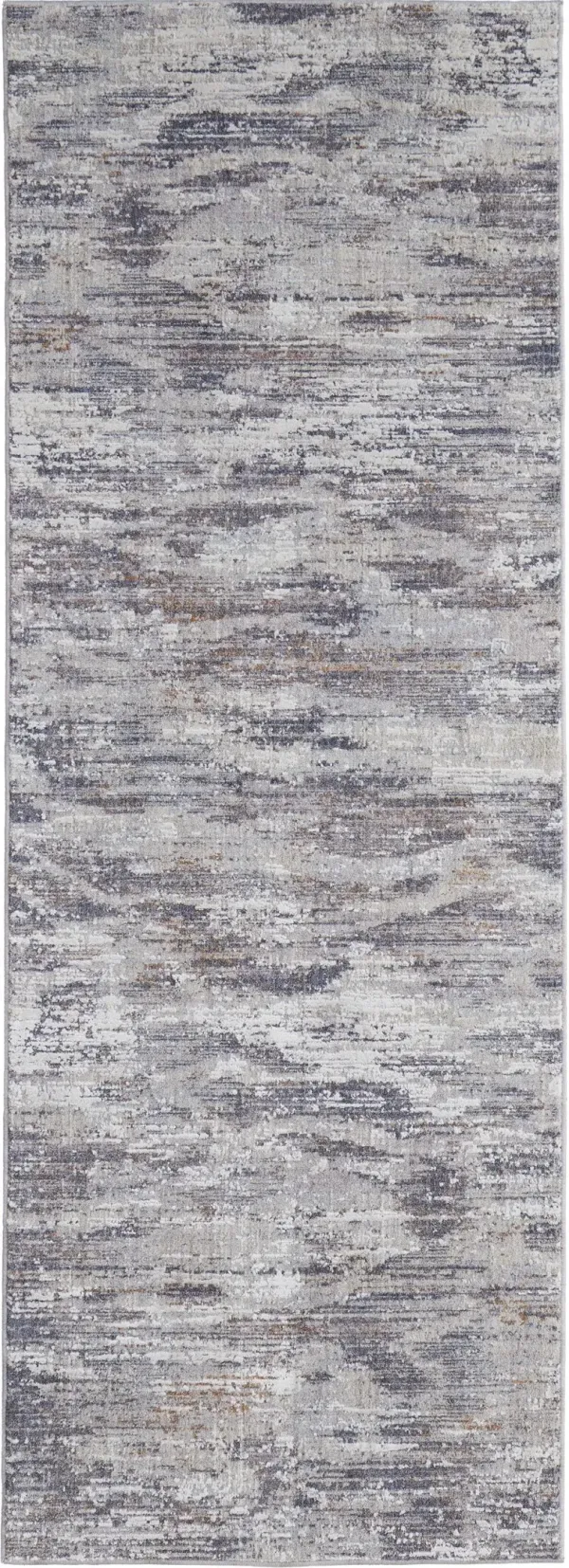 8' Abstract Power Loom Distressed Stain Resistant Runner Rug - Taupe Tan And Orange