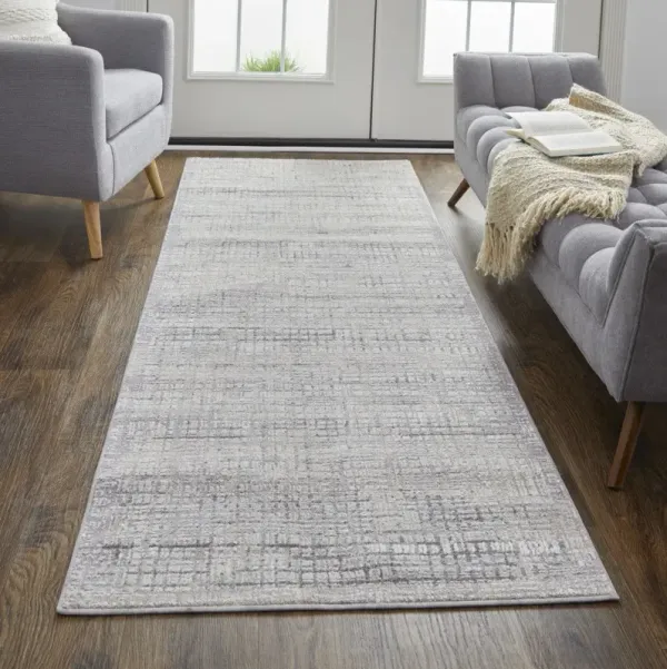 8' Plaid Power Loom Distressed Stain Resistant Runner Rug - Taupe And Ivory