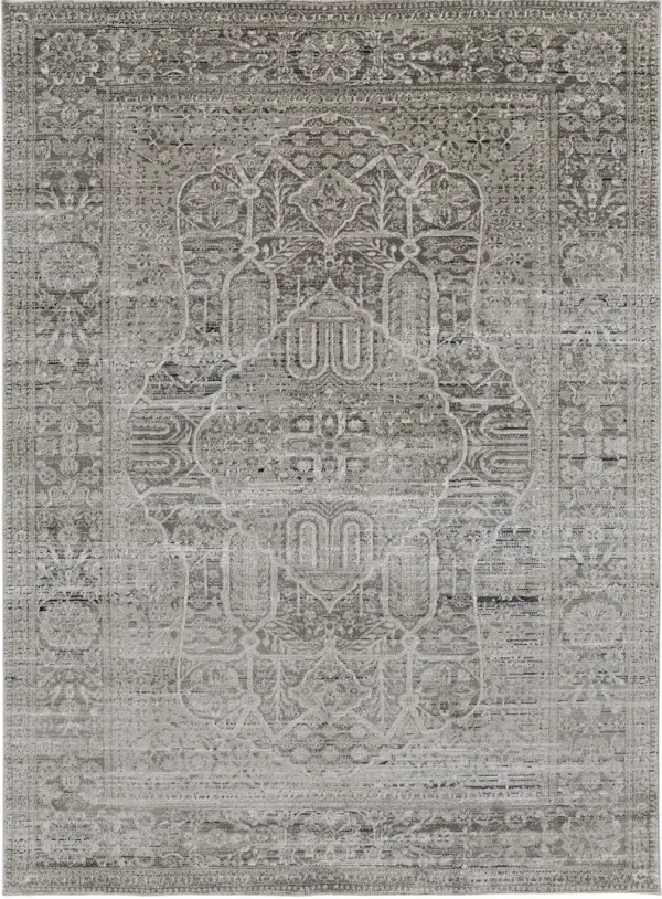 8' x 10' Floral Power Loom Distressed Area Rug - Gray Silver And Taupe