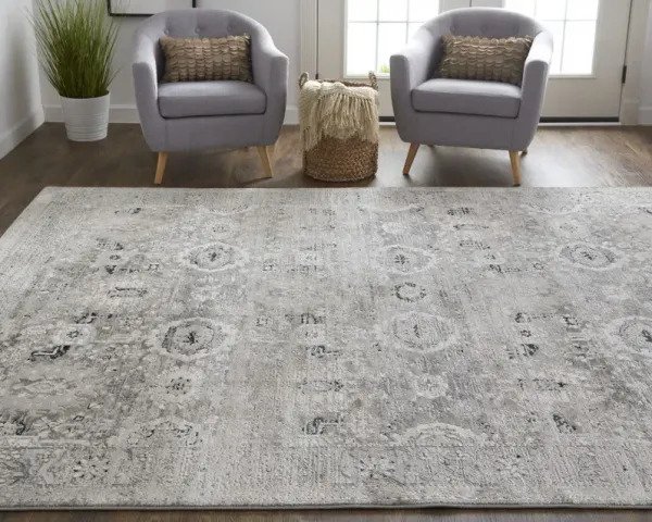 5' x 8' Abstract Power Loom Distressed Area Rug - Gray And Silver