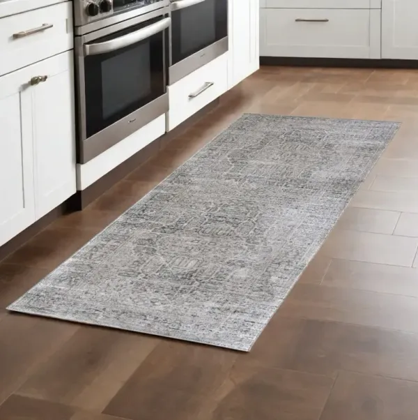 8' Floral Power Loom Distressed Runner Rug - Gray Silver And Taupe