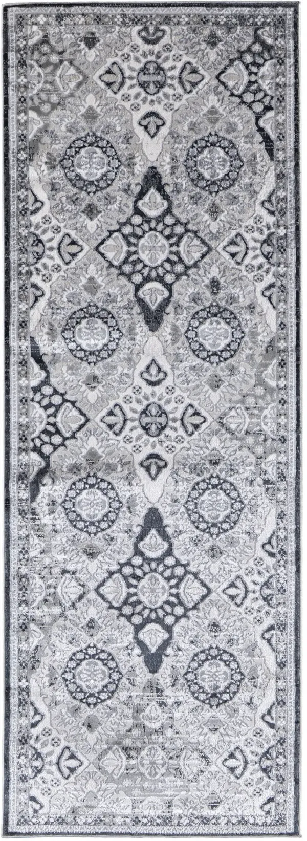 8' Floral Power Loom Runner Rug - Gray And Black