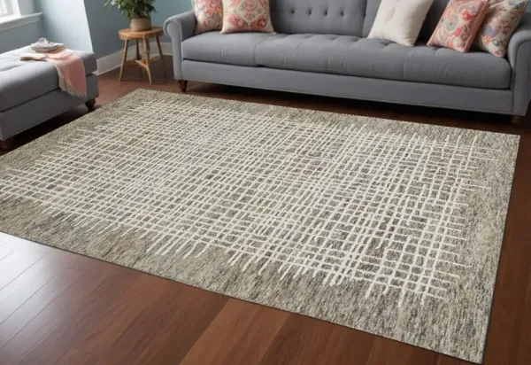 12' x 15' Wool Plaid Tufted Handmade Area Rug - Tan And Ivory