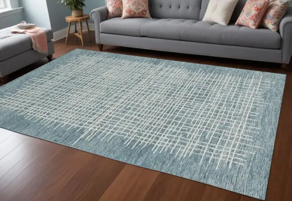 8' x 10' Contemporary Wool Plaid Tufted Handmade Stain Resistant Area Rug - Blue And Ivory