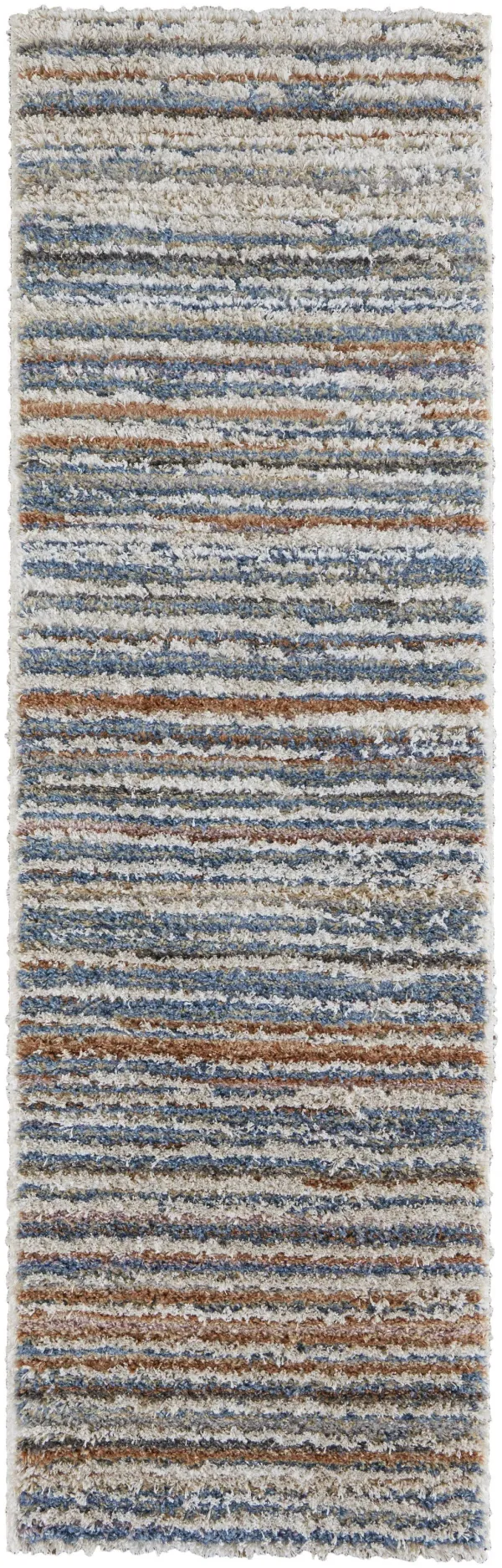 8' Striped Power Loom Stain Resistant Runner Rug - Ivory Blue And Orange