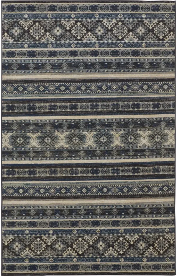 10' x 13' Geometric Power Loom Distressed Stain Resistant Area Rug - Blue Tan And Black