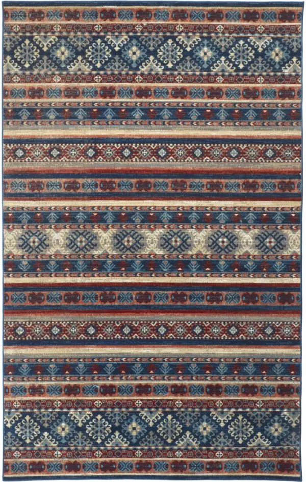8' x 11' Geometric Power Loom Distressed Stain Resistant Area Rug - Blue Red And Ivory