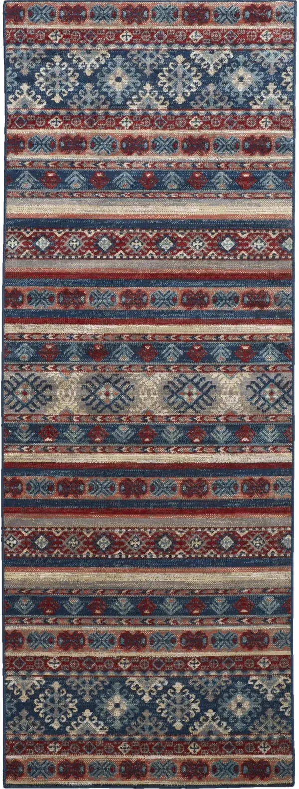 8' Geometric Power Loom Distressed Stain Resistant Runner Rug - Blue Red And Ivory