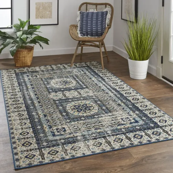 10' x 13' Abstract Power Loom Distressed Stain Resistant Area Rug - Ivory Tan And Blue