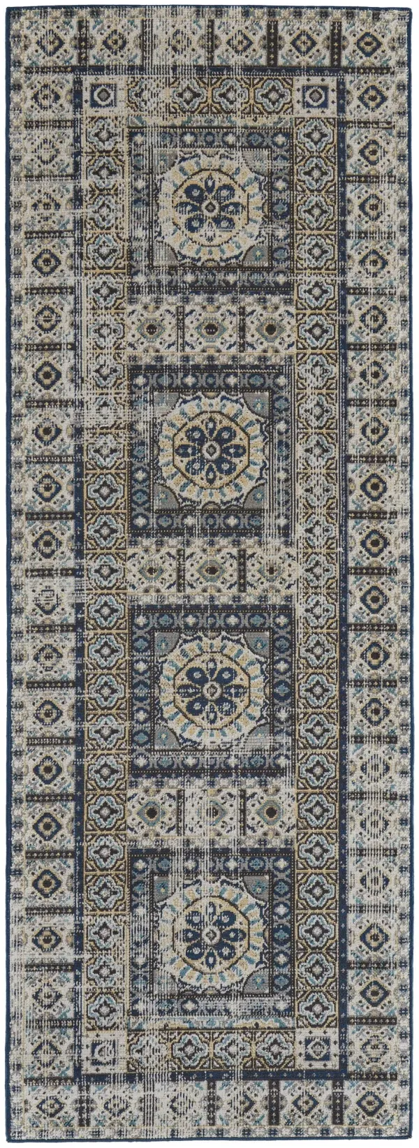 8' Abstract Power Loom Distressed Stain Resistant Runner Rug - Ivory Tan And Blue