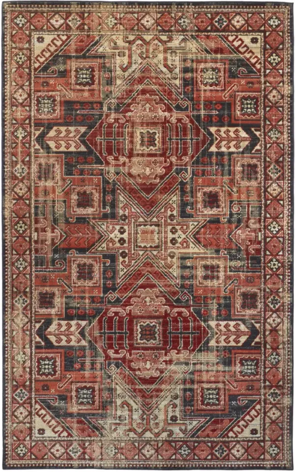 10' x 13' Abstract Power Loom Distressed Stain Resistant Area Rug - Red Tan And Black