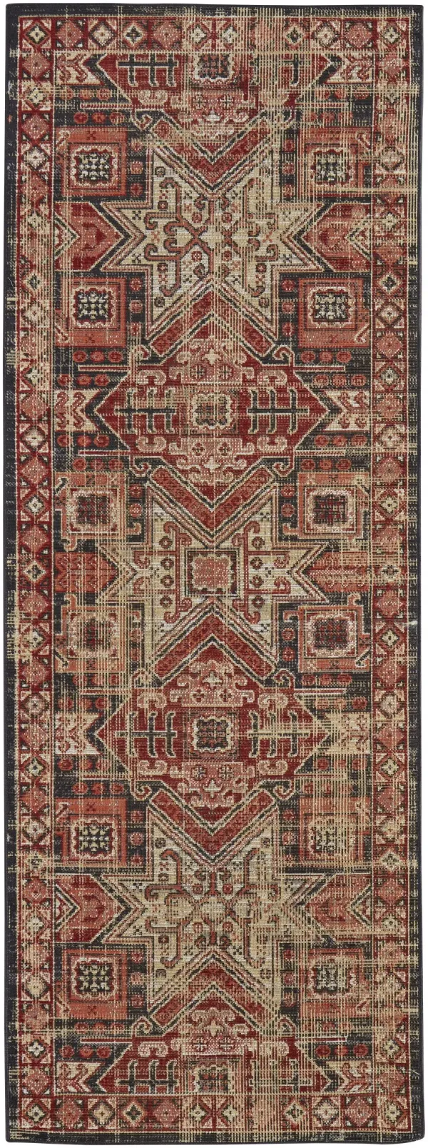 8' Abstract Power Loom Distressed Stain Resistant Runner Rug - Red Tan And Black