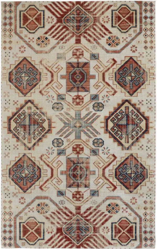 7' x 10' Abstract Power Loom Distressed Stain Resistant Area Rug - Ivory Red And Tan