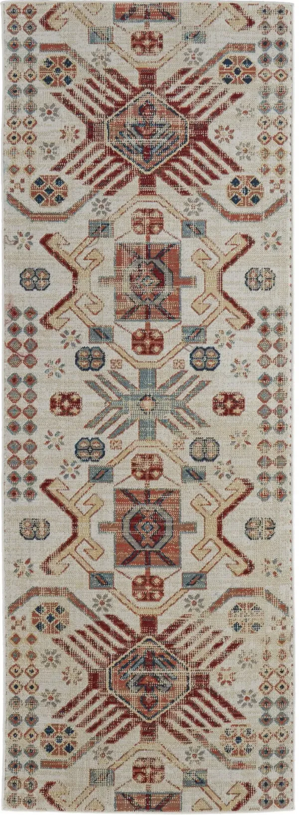 8' Abstract Power Loom Distressed Stain Resistant Runner Rug - Ivory Red And Tan