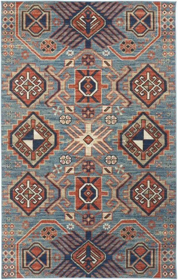 8' x 11' Abstract Power Loom Distressed Stain Resistant Area Rug - Blue Red And Tan