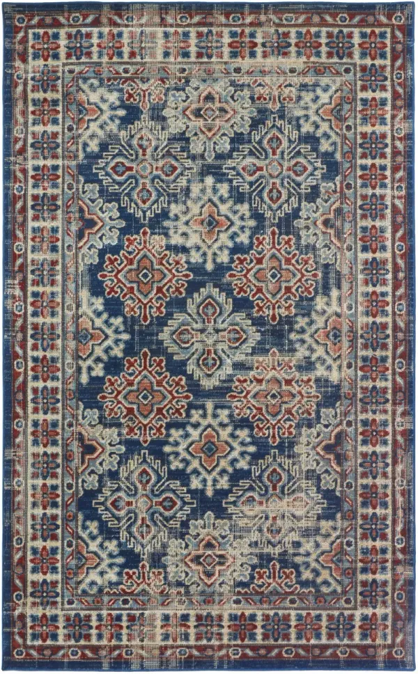 5' x 8' Abstract Power Loom Distressed Stain Resistant Area Rug - Blue Red And Ivory