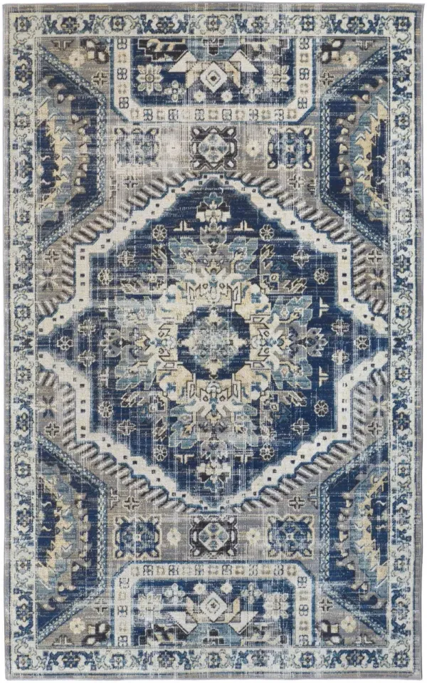 10' x 13' Abstract Power Loom Distressed Stain Resistant Area Rug - Blue And Ivory
