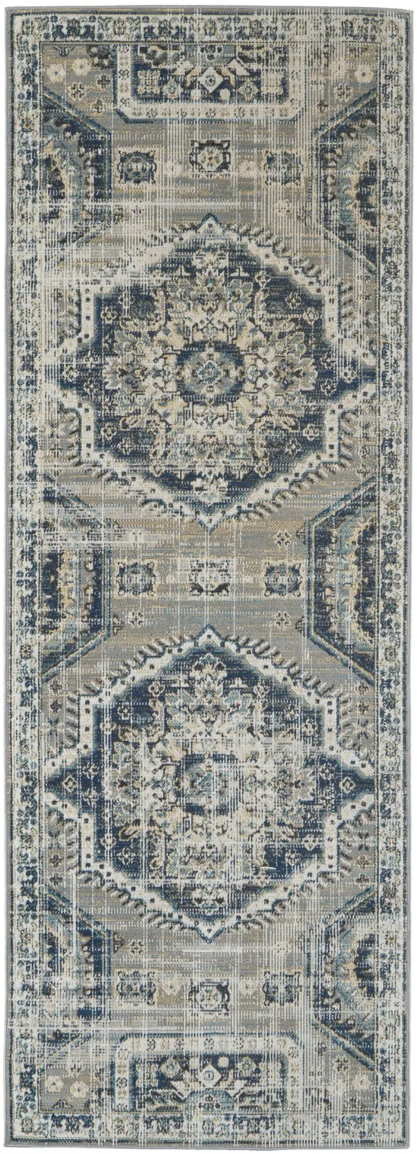 8' Abstract Power Loom Distressed Stain Resistant Runner Rug - Blue And Ivory