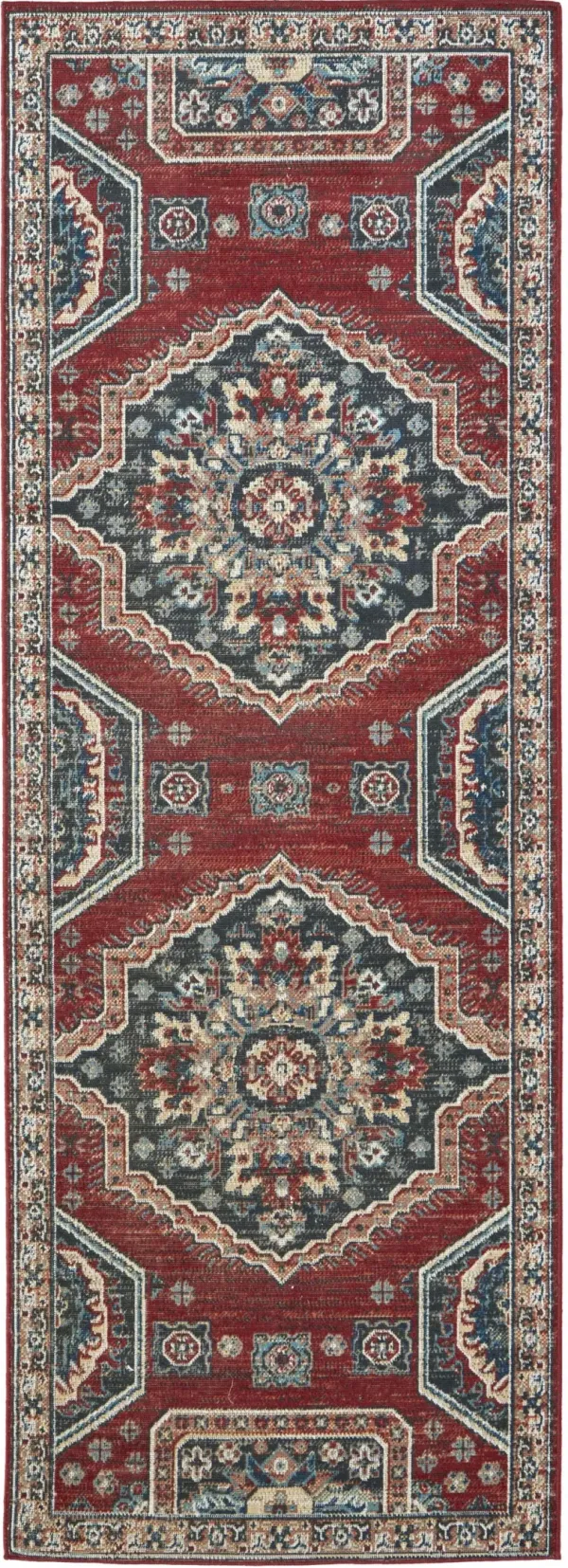 8' Abstract Power Loom Distressed Stain Resistant Runner Rug - Red Gray And Tan