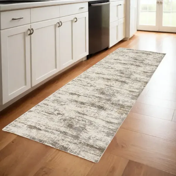 8' x 2.5' Abstract Distressed Runner Rug - Brown And Ivory