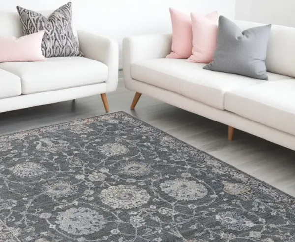 9' x 12.6' Floral Power Loom Area Rug - Dark Gray And Ivory