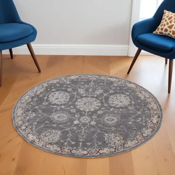 6' Round Floral Power Loom Area Rug - Ivory And Gray