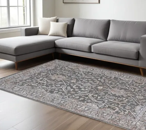 8' x 10' Floral Power Loom Area Rug - Gray And Ivory