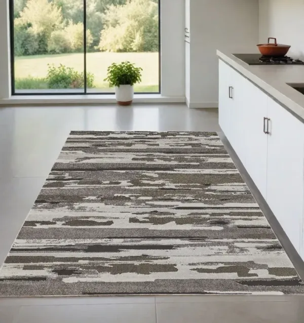 4' x 6' Abstract Power Loom Distressed Area Rug - Gray And Ivory