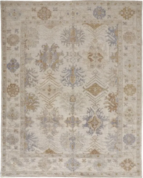10' x 14' Floral Hand Knotted Stain Resistant Area Rug - Ivory Tan And Blue