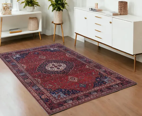 3.9' x 6' Floral Power Loom Area Rug - Red Blue And Tan
