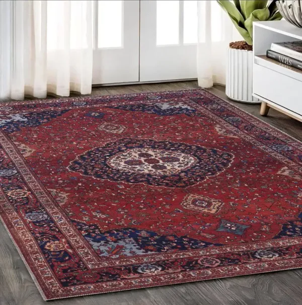 5.3' x 7.5' Floral Power Loom Area Rug - Red Blue And Tan