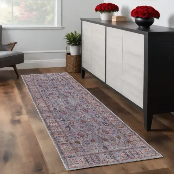 8' Floral Power Loom Runner Rug - Gray Blue And Red