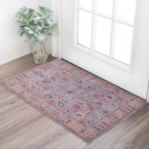 2' x 3' Floral Power Loom Area Rug - Gray Blue And Red