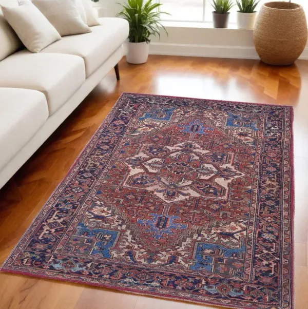 5.3' x 7.5' Floral Power Loom Area Rug - Red Tan And Blue