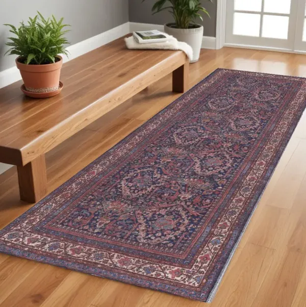 8' x 2.6' Floral Power Loom Runner Rug - Red Blue And Tan