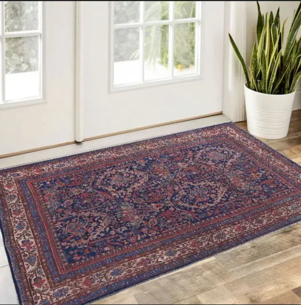 2' x 3' Floral Power Loom Area Rug - Red Blue And Tan