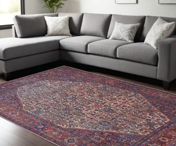 9' x 12' Floral Power Loom Polyester Area Rug - Red Tan And Blue