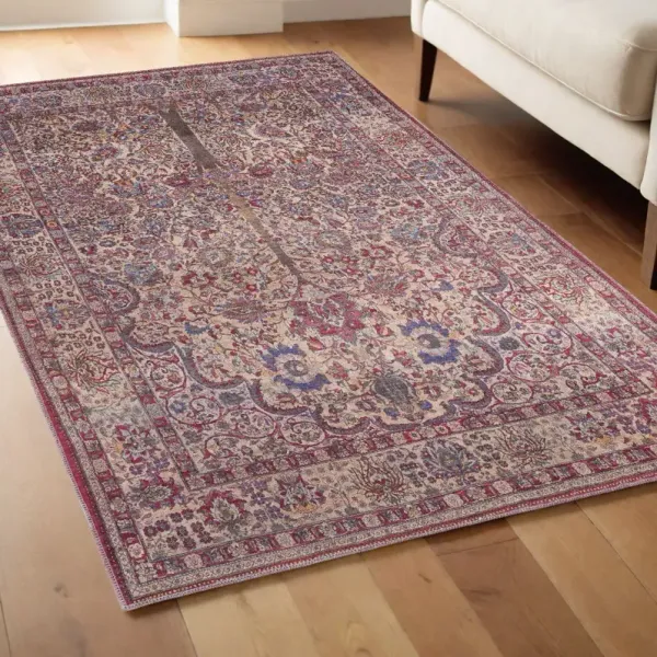 3.9' x 6' Floral Power Loom Area Rug - Red Tan And Pink