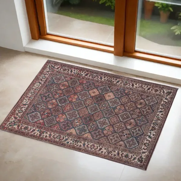 2' x 3' Floral Power Loom Area Rug - Brown Red And Ivory